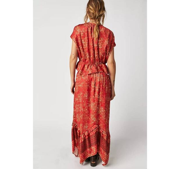 New Free People Dreambound Silky Maxi Skirt Set $168 X-SMALL Red Boho V-neck Top - Picture 3 of 4
